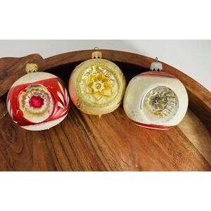 Set of 3 Vintage Christmas Glass Ornaments Indent REFLECTOR Balls Xmas 50s MCM‎